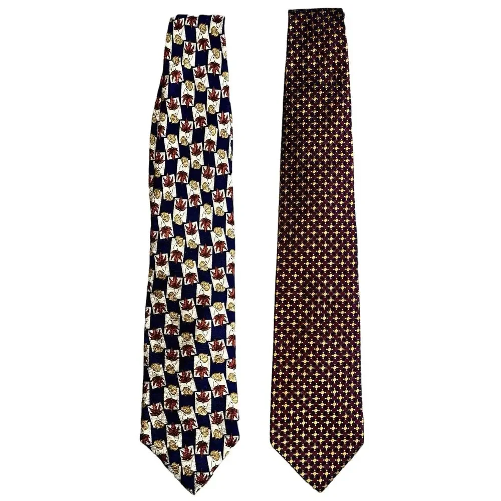 Lands' End Men's Ties Set Of Two 100% Silk Neck Ties Leaf Dot Pattern Multicolor